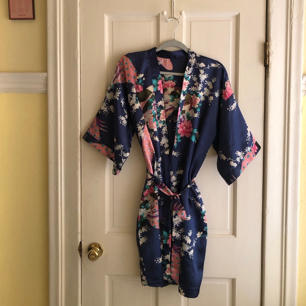 Navy Floral Satin Kimono Robe with Pink Accents